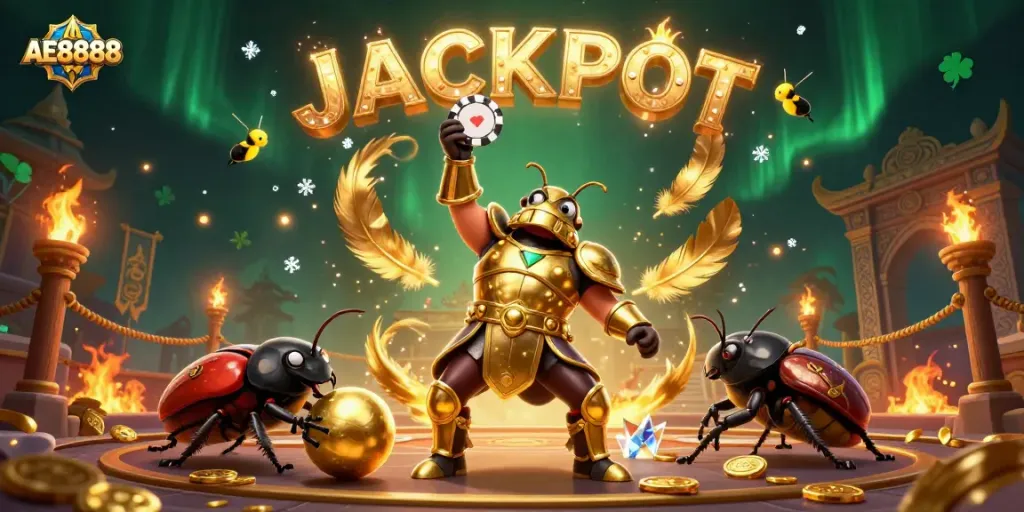Mobile victory scene featuring AE8888's hercules beetle and dung beetle, celebrating with colorful casino elements.