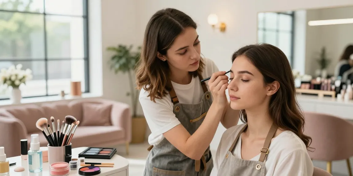 Het aanbrengen van powder brows in een beautystudio, waarbij kunstzinnigheid en empowerment worden getoond in een levendige omgeving.