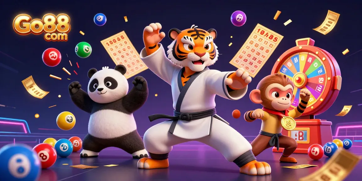 Win big at Go88 com with colorful lottery balls bouncing around a fun casino scene.
