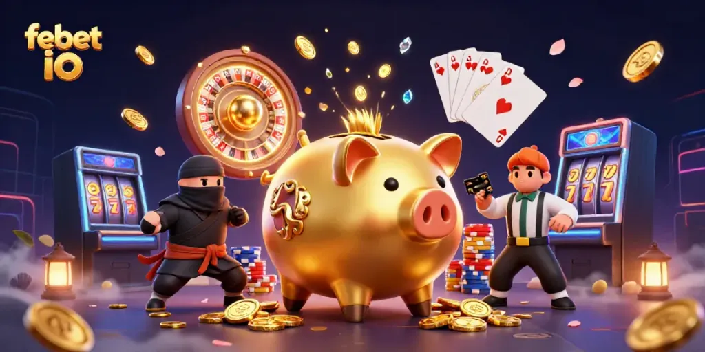 Experience the excitement of febet io with a spectacular 3D illustration featuring a piggy bank sumo wrestler, staggering coins, and gems.