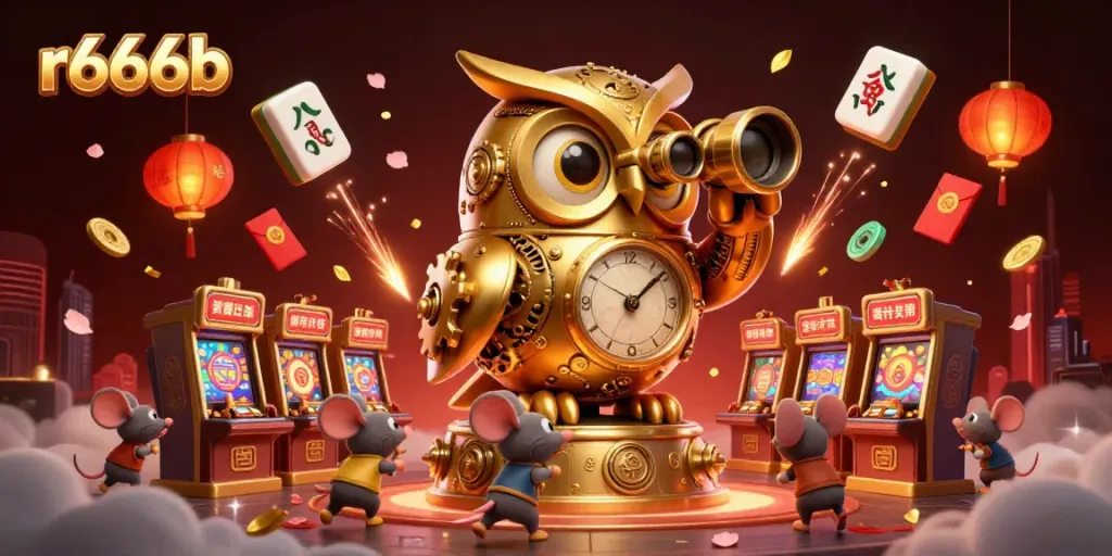 Engage with the r666b casino experience through a vibrant illustration of a whimsical owl overlooking a bustling gaming floor.