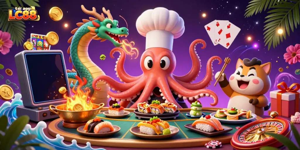 Immerse in the thrilling world of gaming with tải app LC88 featuring a dynamic sushi chef octopus and vibrant gaming elements.