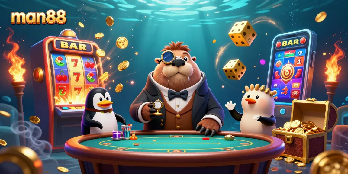 Experience casino excitement with man88 as jolly characters play poker underwater.