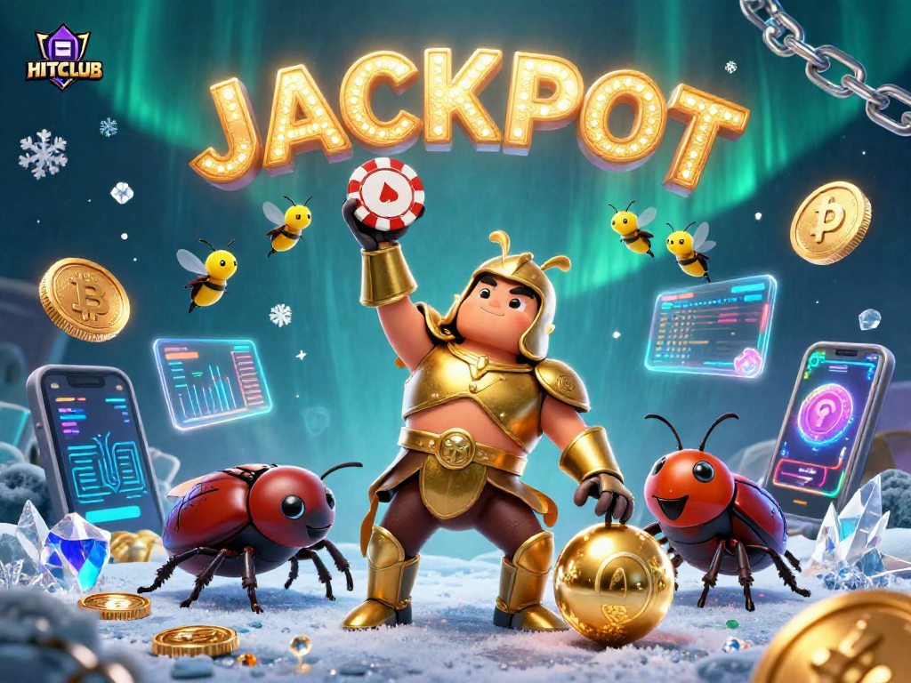 Play to win at HITCLUB with vibrant 3D casino characters celebrating a big jackpot.