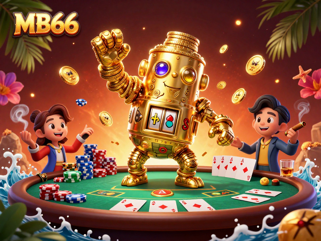 Play poker and win big with MB66, featuring a golden golem and exciting game elements.