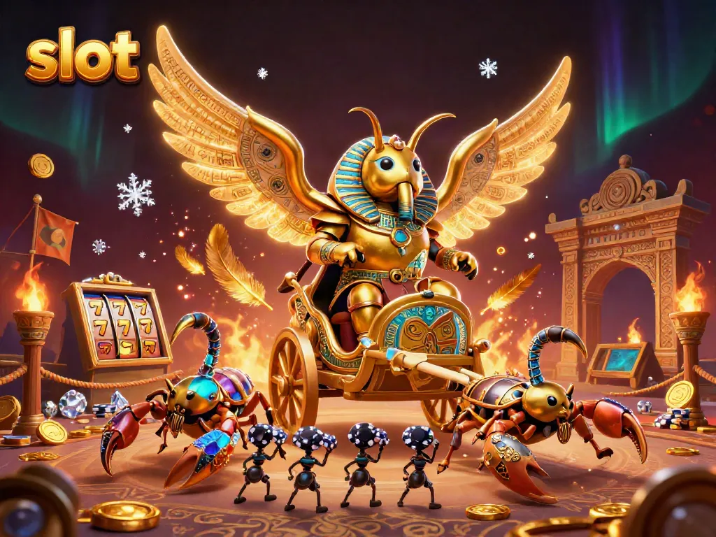 Experience thrilling slot action with golden scarab and scorpions in this dynamic casino illustration.