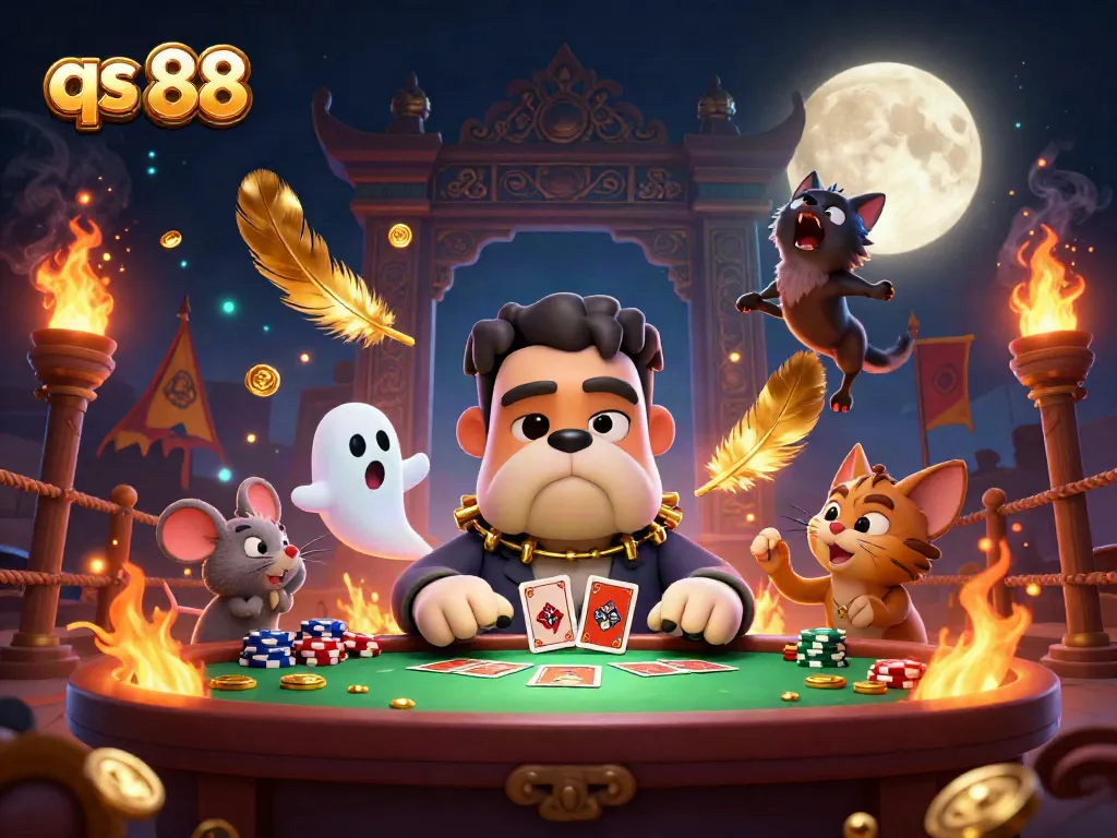 Engage with qs 88 at a lively casino scene with a unique Frankenstein bulldog dealer and vibrant elements.