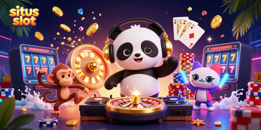 Experience exciting entertainment at situs slot with a DJ panda, breakdancing monkey, and glowing kitten surrounded by casino elements.
