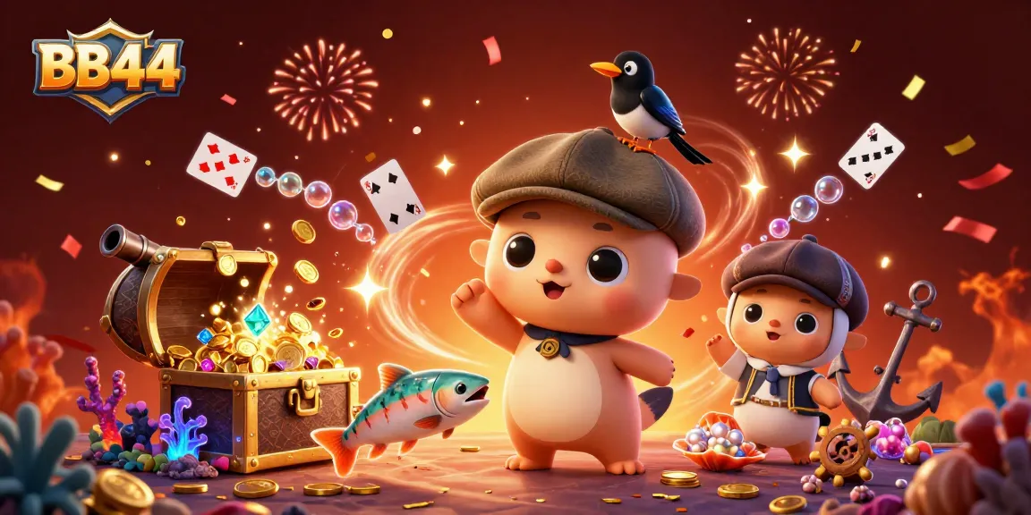 Engage with BB44's immersive casino experience, showcasing vibrant 3D characters celebrating wins amid treasures.