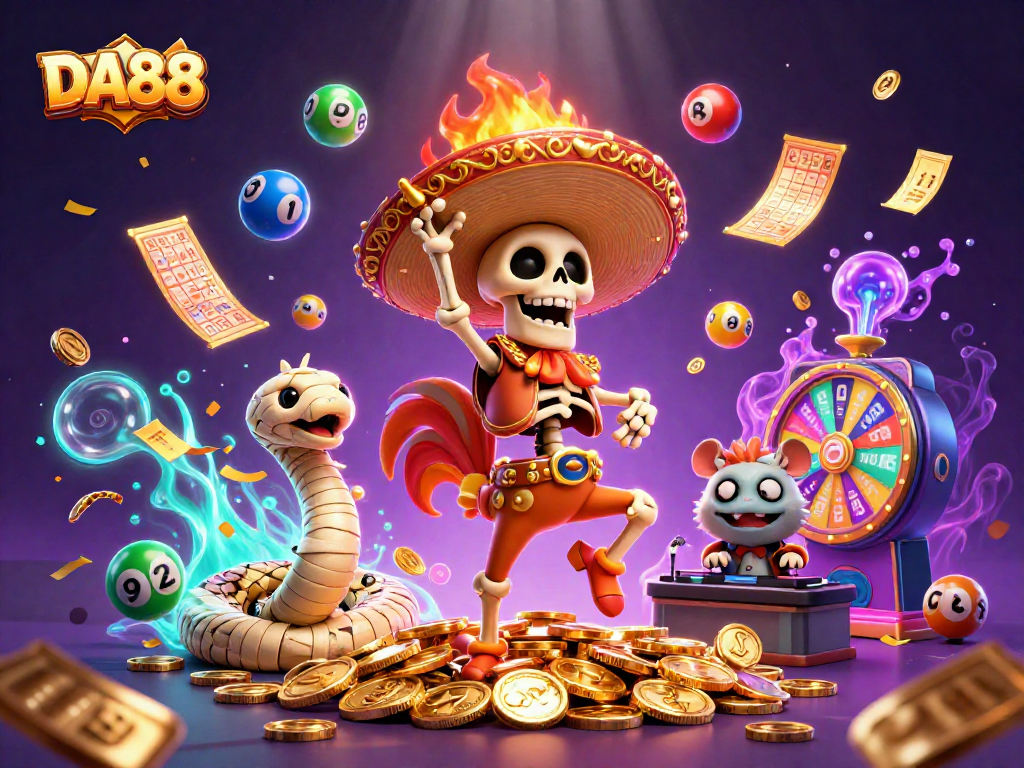 Celebrate winning at DA88 with vibrant characters, golden coins, and lottery themes!