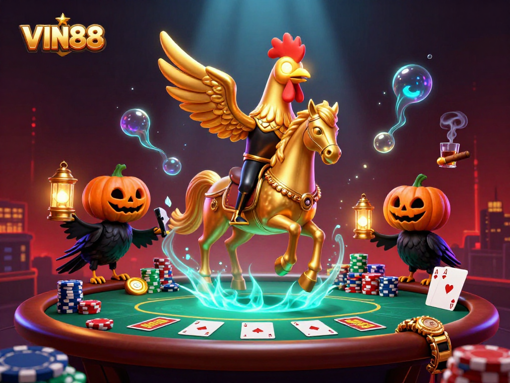 Experience the excitement of VIN88 with a golden rooster and friends in a vibrant casino scene.