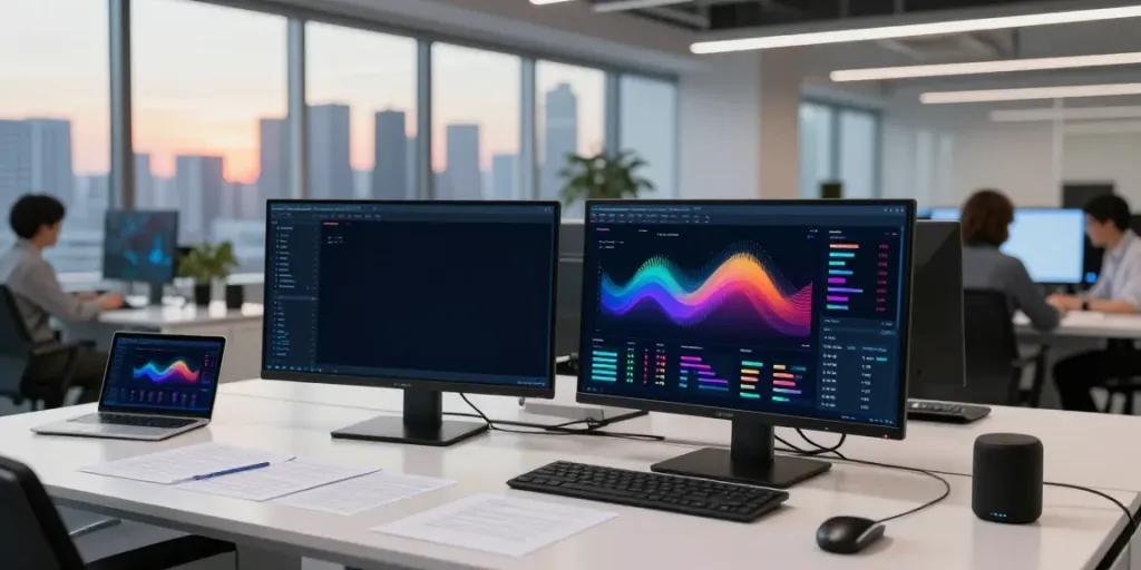 AI search visibility analysis in a modern tech workspace, showcasing analytics on screens.