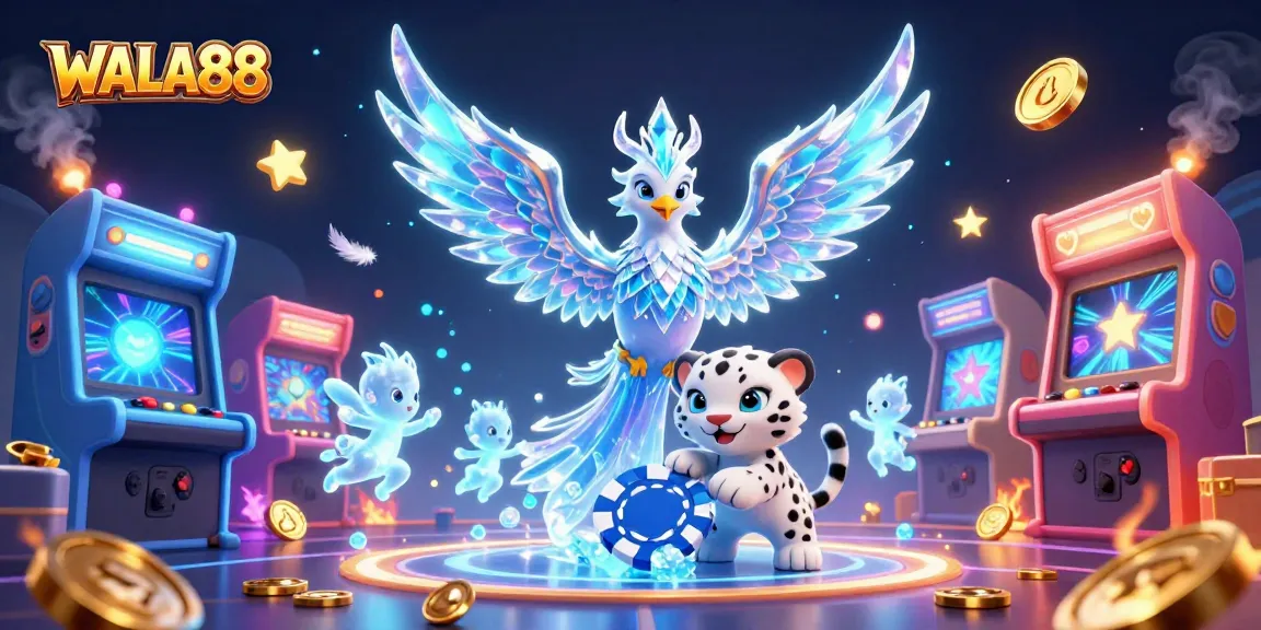 Engage with WALA88's thrilling live cockfighting scene featuring a majestic ice phoenix, poker chip, and lively sprites.