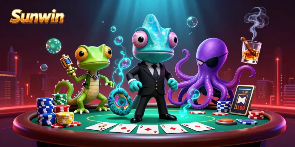 Experience thrilling poker gameplay with Sunwin featuring colorful casino elements and vibrant characters.