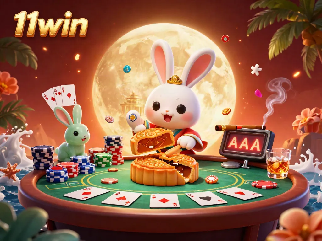 Experience thrilling gameplay at 11win with an enchanting moon rabbit scene filled with poker chips and casino elements.