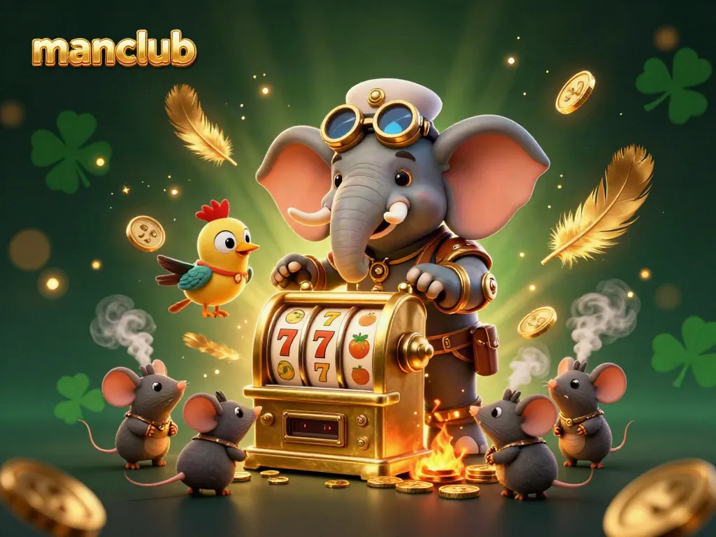 Engaging scene with the manclub steampunk elephant engineer winning at slots amidst gold coins and vibrant casino elements.