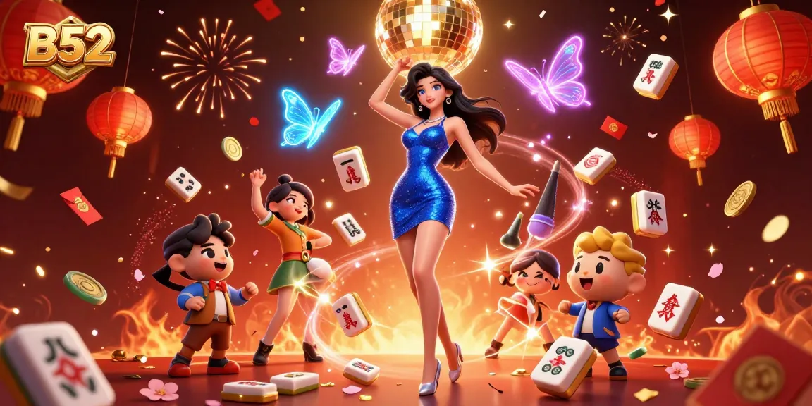Experience thrilling B52 casino fun with neon lights, dancing, and festive game elements!