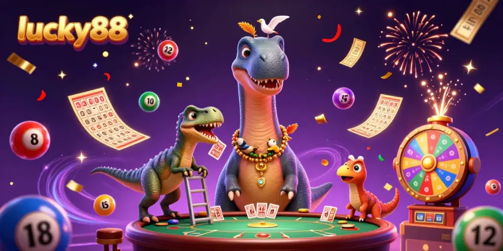 Experience the thrill of lucky88 with an imaginative 3D cartoon illustration featuring vibrant casino elements.