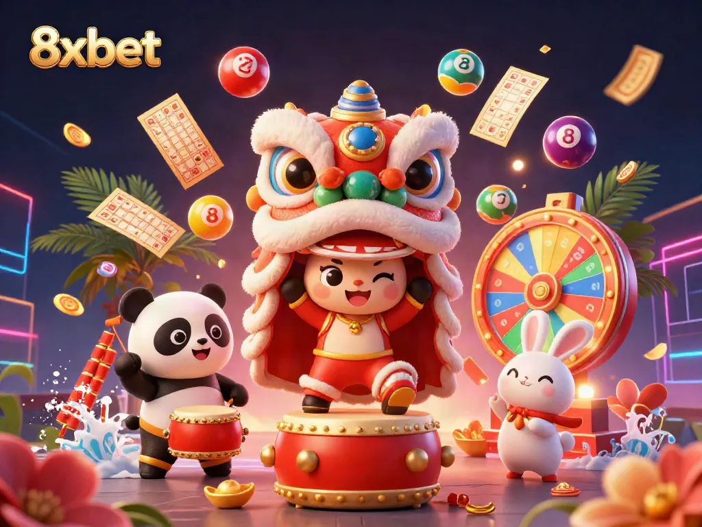 Experience the thrill of 8xbet with a lively illustration of fun characters and vibrant gambling elements.
