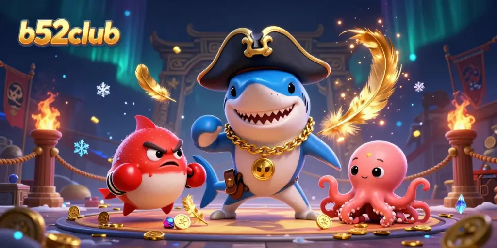Engage in thrilling adventures at b52club with a pirate shark, pufferfish, and octopus immersed in a vibrant casino scene.