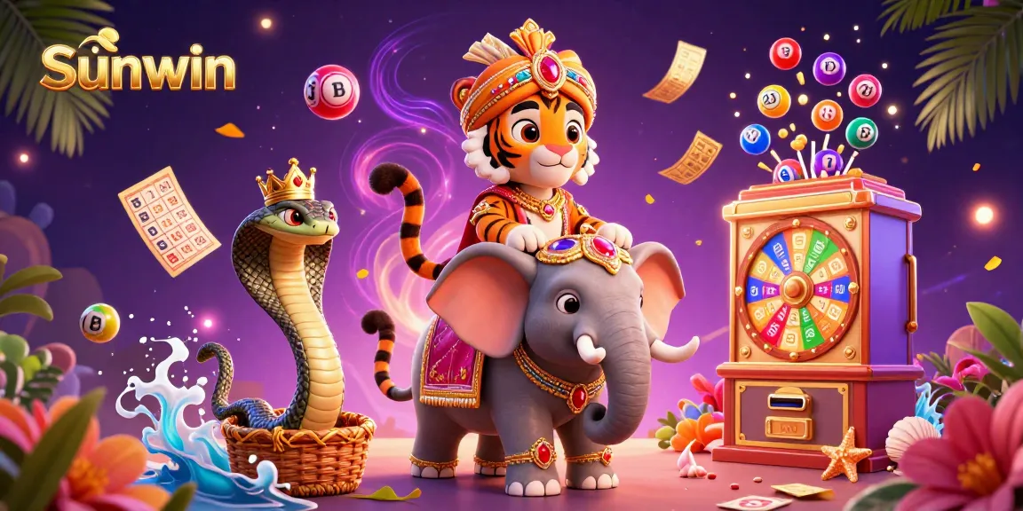 Experience Sunwin's vibrant lottery adventure with a 3D maharaja tiger in a captivating gaming scene.