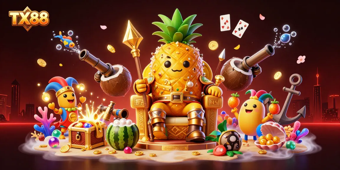 Experience the vibrant world of TX88 with engaging online gaming, featuring a gold pineapple king and lively casino elements.
