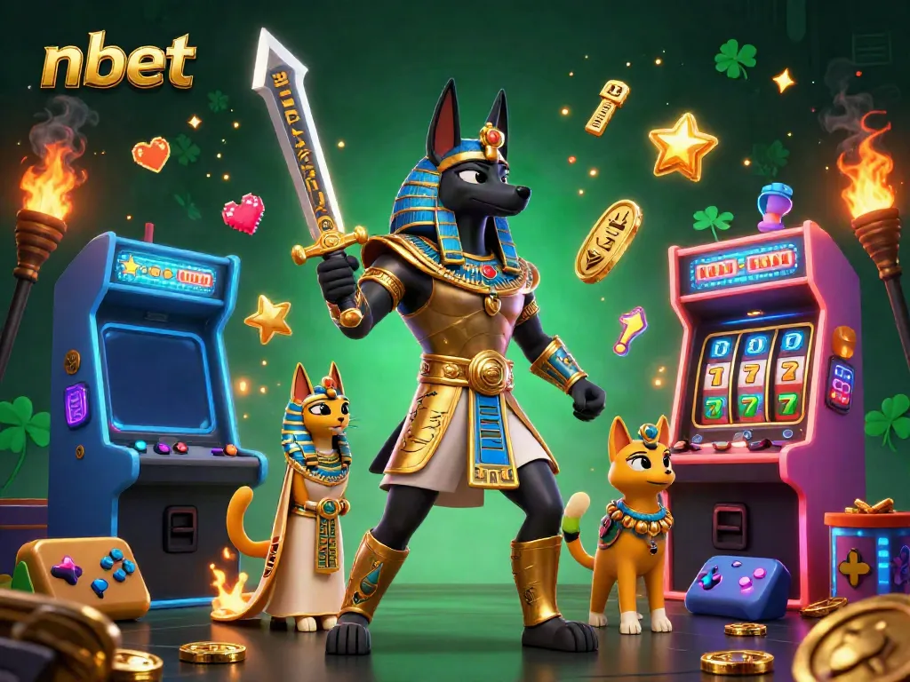 Experience thrilling action at nbet with Anubis and Bastet surrounded by vibrant casino elements.