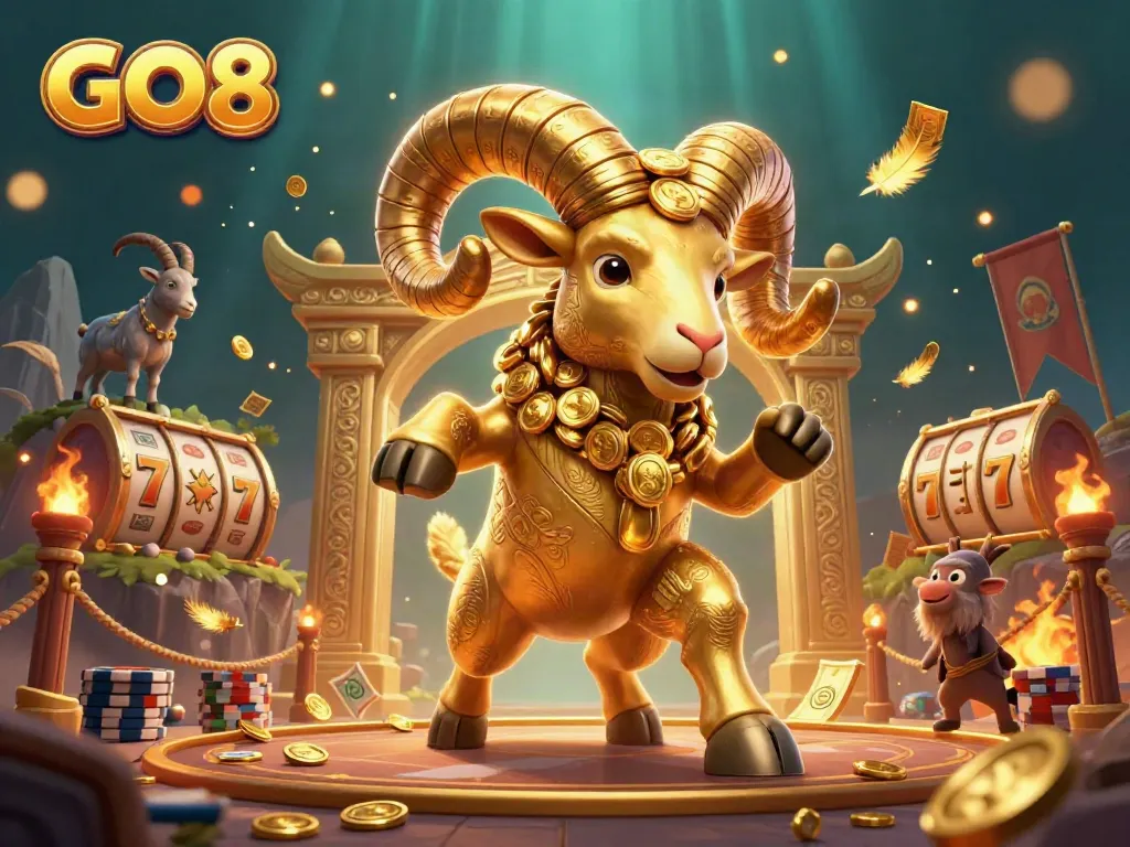 Experience the excitement of GO8 with a golden ram charging through a gaming arena filled with vibrant casino elements.