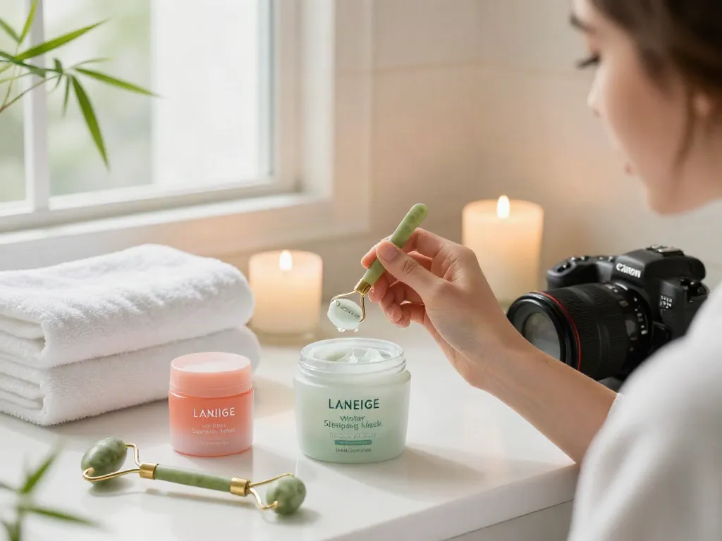 Een vrouw die Laneige Water Sleeping Mask aanbrengt in een gezellige badkameromgeving.