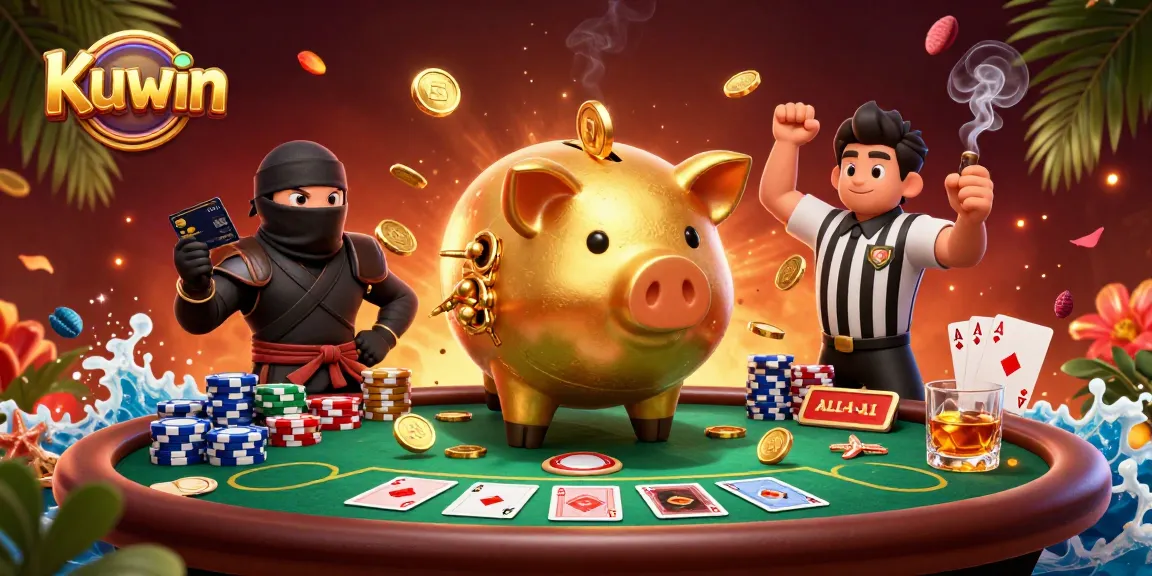 Kuwin's exciting casino illustration featuring a golden piggy bank wrestler and poker elements amidst dynamic gameplay.