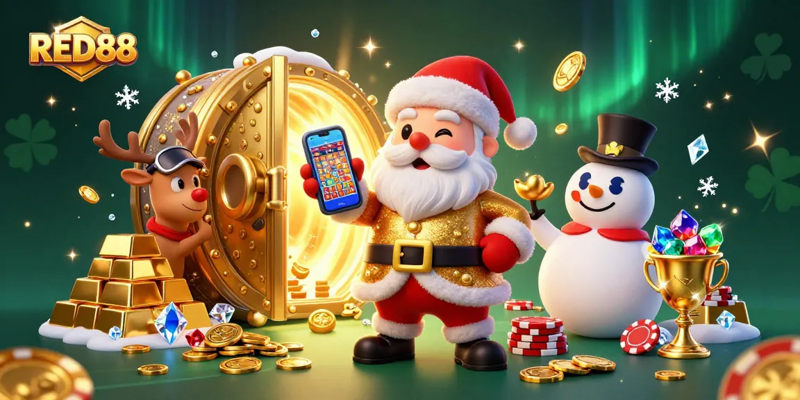 Spin for massive wins with RED88, showcasing Santa in a casino filled with treasures.
