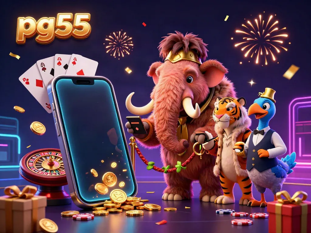 Experience vibrant gambling excitement with pg55 featuring a mammoth bouncer and tiger guest in a lively casino scene.