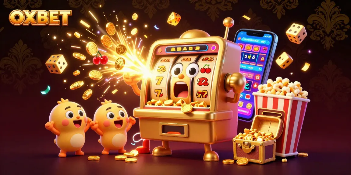 Play slots at OXBET, watching golden coins pour from a winning slot machine.