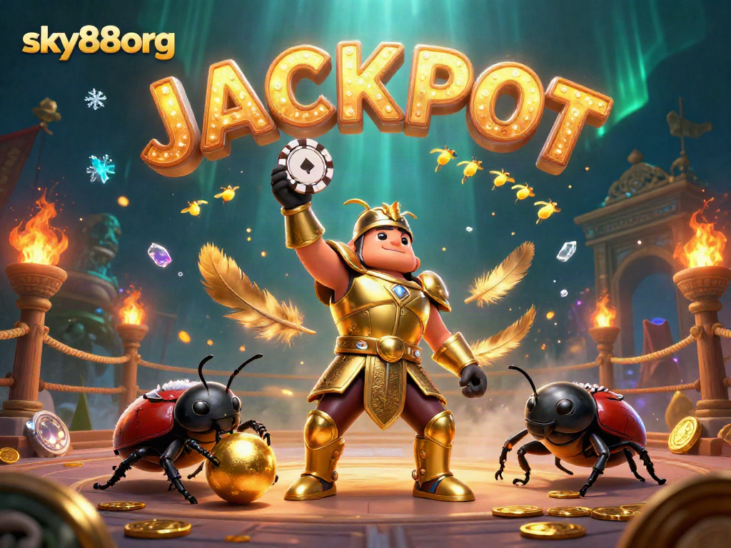 Engage with sky88org through an illustration of a victorious beetle champion at a casino jackpot celebration.