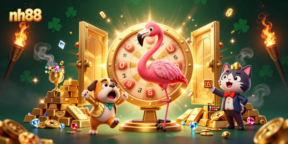 Spin and win at nh88 with vibrant cartoon characters and treasure-filled scene