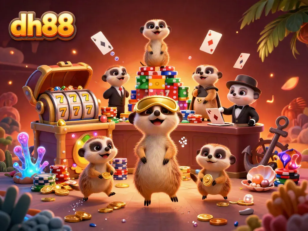 Meerkats in a vibrant casino scene, showcasing dh88's unique gaming environment with colorful slot elements.