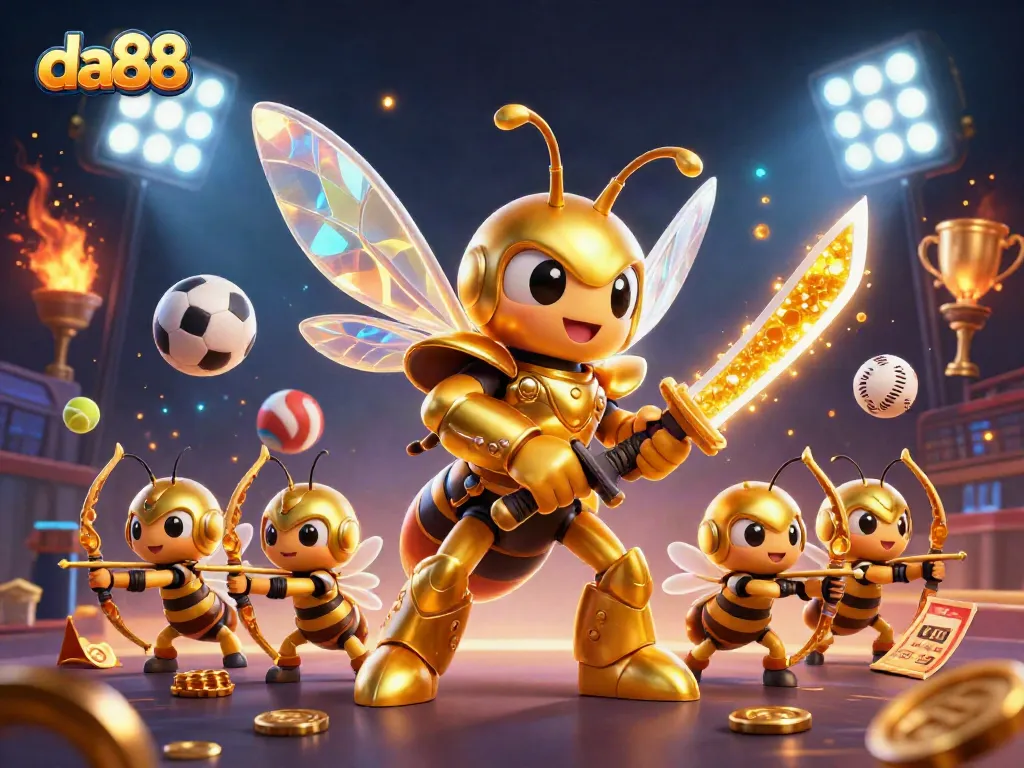 Experience thrilling betting action at da88 with a vibrant 3D illustration of sports-themed characters.