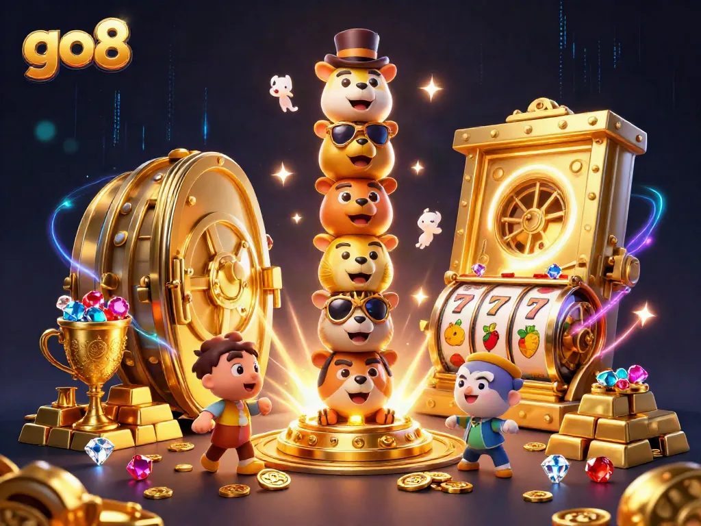 Engage with go8's vibrant 3D casino scene featuring dynamic slot reels and vibrant treasures.