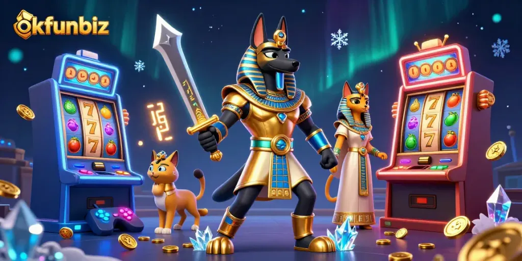Engage with okfunbiz on a vibrant slot machine adventure featuring Anubis and Bastet.