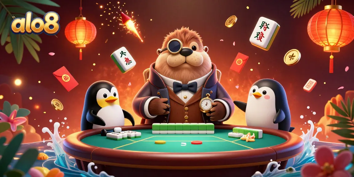 Engage in thrilling poker at ALO8 with whimsical characters in a vibrant casino scene.