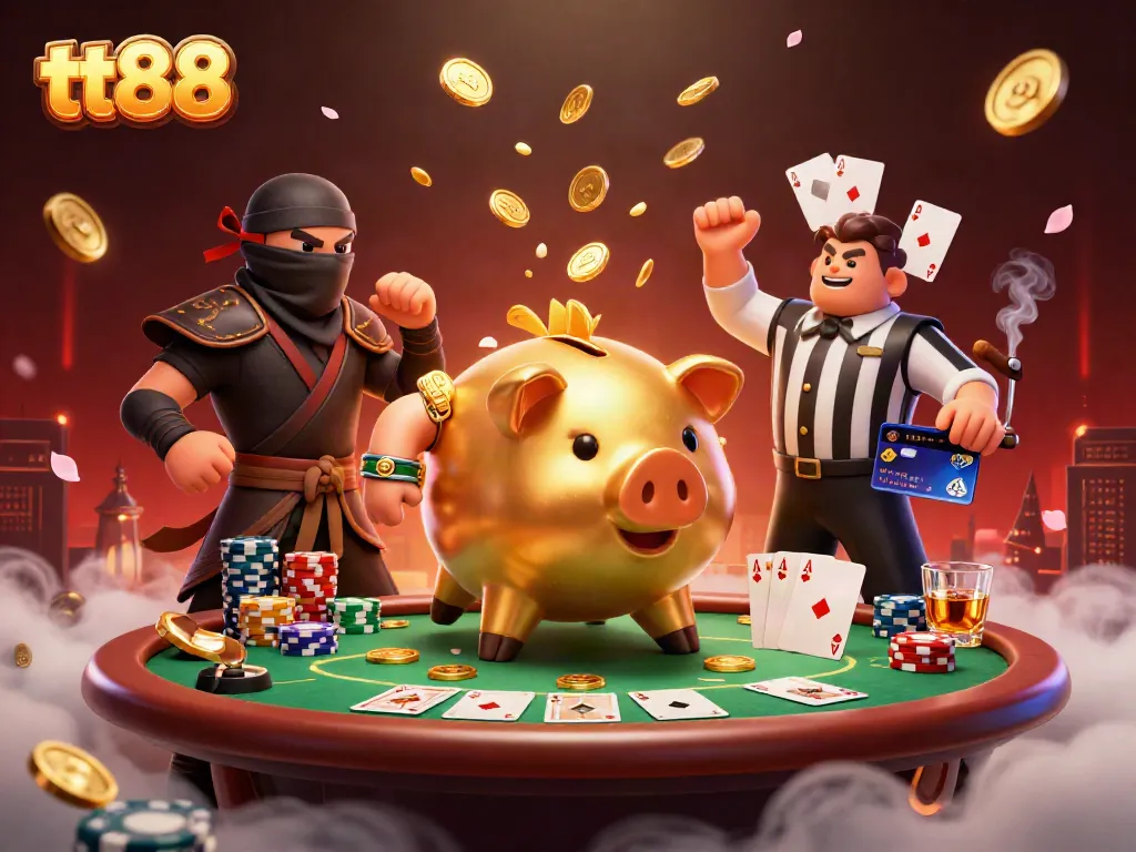 Win big at tt88 with a lively scene showcasing a golden piggy bank sumo wrestler and gaming action.