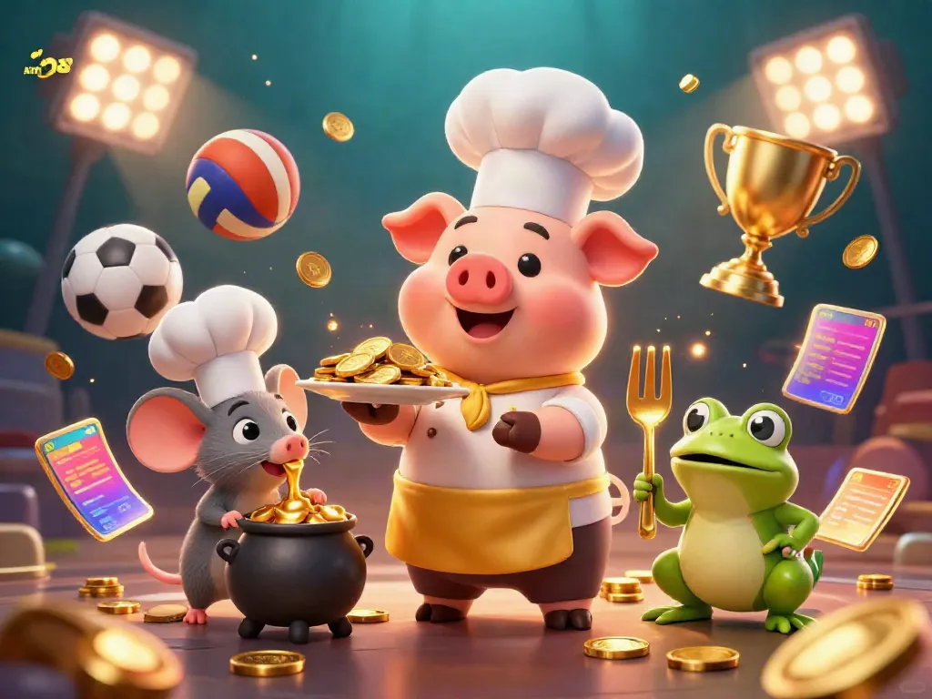 Experience gaming excitement at xin88 with a chef pig, mouse, and frog in a vibrant casino environment.