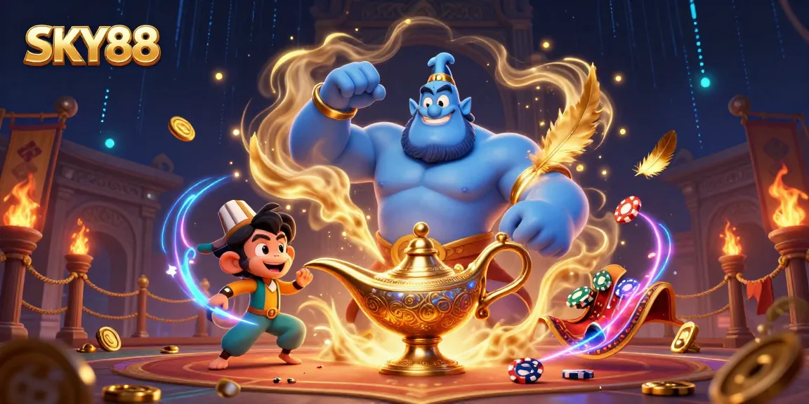 Experience the thrill of SKY88 with a dynamic genie, poker chips, and casino excitement!