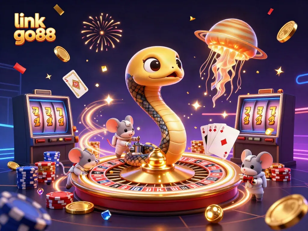 Experience the thrill of betting at link go88 with a cosmic casino scene featuring vibrant characters and dynamic gaming elements.