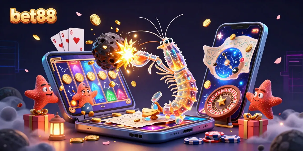 Experience the excitement of bet88 with a galactic samurai battling cosmic asteroids for gems in a vibrant casino scene.
