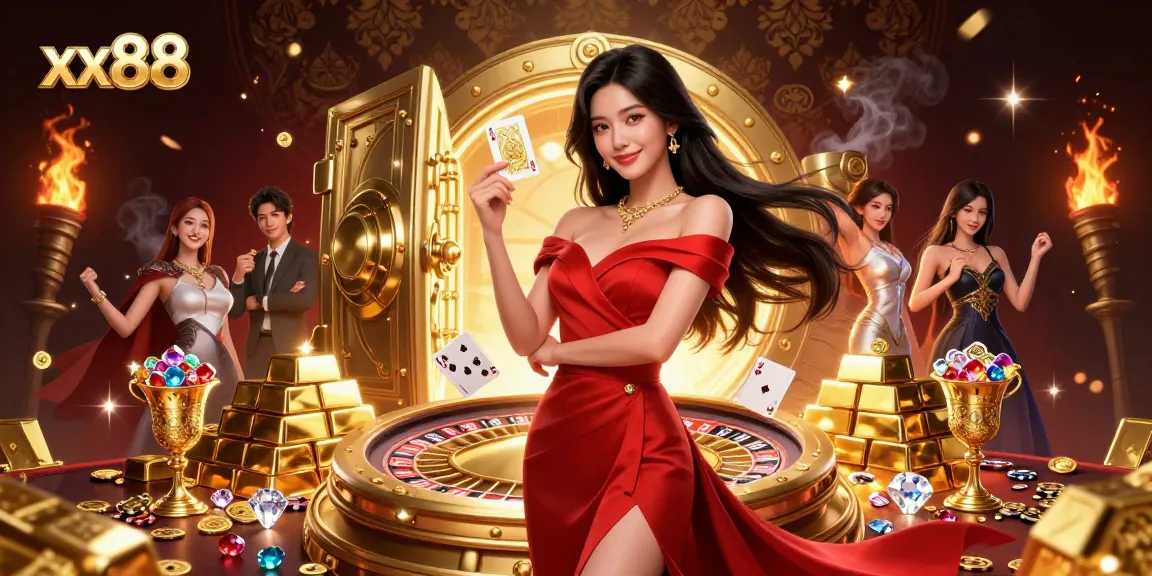 Experience excitement at xx88 with a beautiful dealer presenting a winning playing card beside a golden roulette wheel.