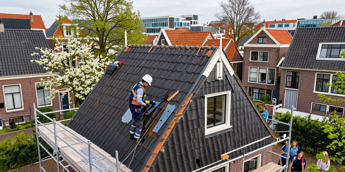 Expert dakdekker den haag repairing a pitched roof in a vibrant neighborhood.
