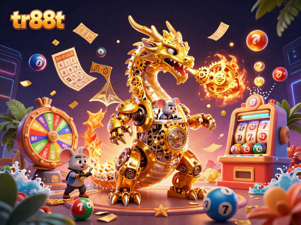 Experience the thrill of tr88t with a vibrant 3D illustration showcasing a golden dragon and colorful game elements.