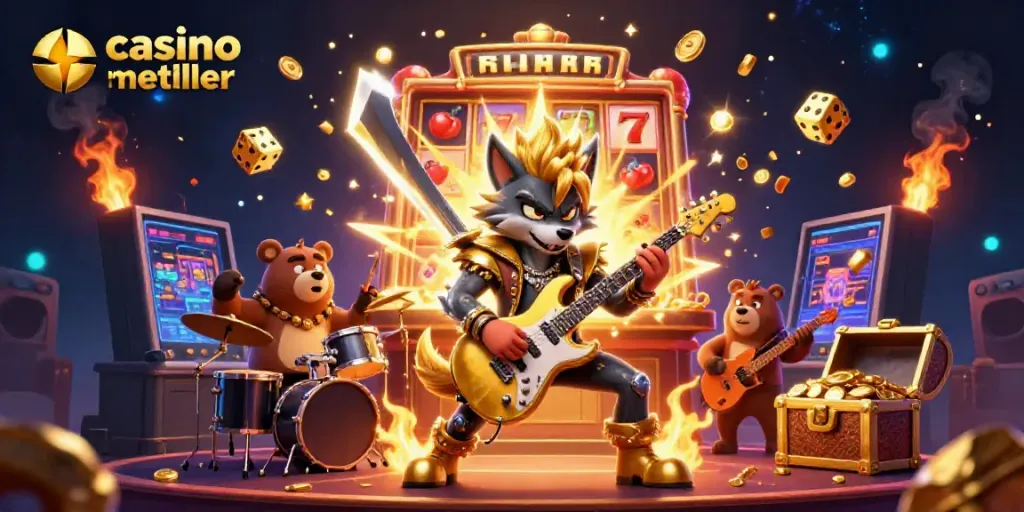 Experience the thrill of a casino met neteller with a rock star wolf and drummer bear on stage amid exploding slot machine symbols.