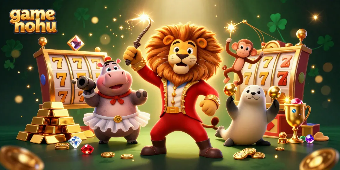 Experience thrilling moments with game nohu as playful characters surround captivating slot reels and treasures.